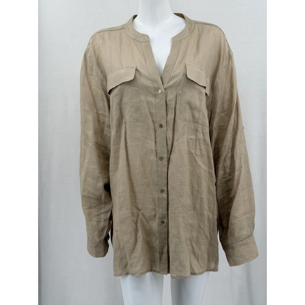 Calvin‎ Klein Top Womens 3X Tan Linen Tunic Sheer Button Up Long Sleeve Casual